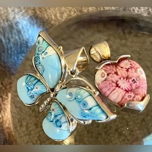 Preowned set of 2 Alan K designer .925 Flowers, Hearts & Butterflies pendants